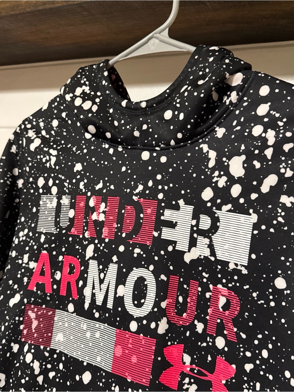 Under Armour Black Hoodie with Pink & White Logo Splatter EUC